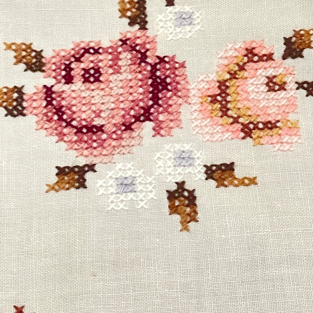Vintage Linen Oval Tablecloth Embroidered Cross Stitched Roses Butterflies 64x65 - Picture 11 of 14